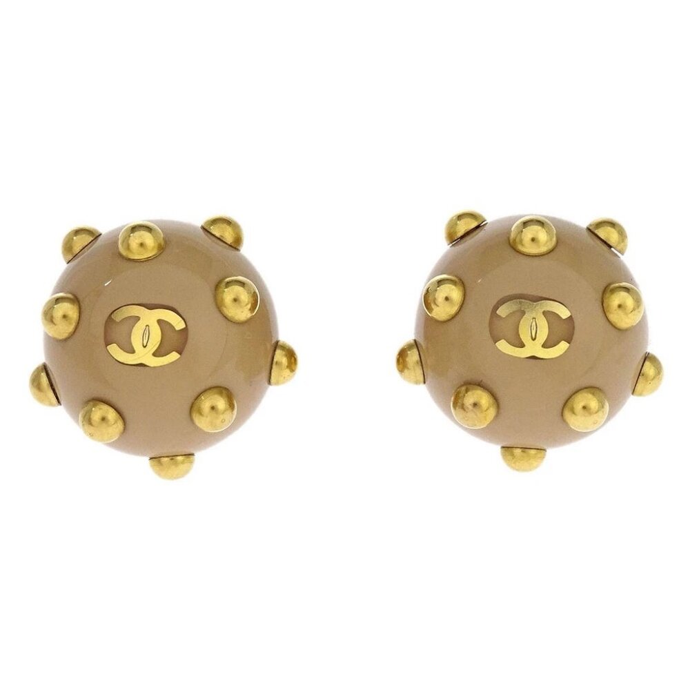 Chanel Studded Button Earrings Clip-On Gold Beige